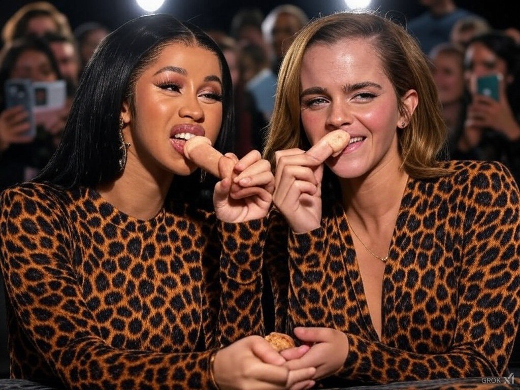 5diHNjKI Emma Watson and Cardi playing with sausages 02.jpg